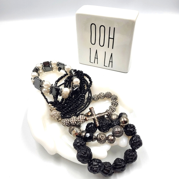 Black Beads & Sparkle Stretch Bracelet Bundle - 5 Unique Pieces - Picture 1 of 9